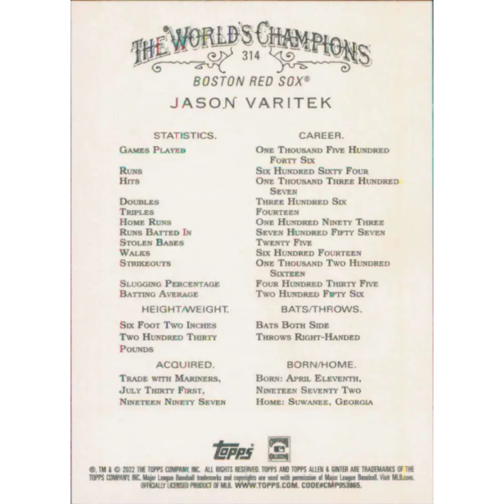 2022 Topps Allen and Ginter #314 Jason Varitek NM-MT Boston Red Sox Baseball Card Image 2