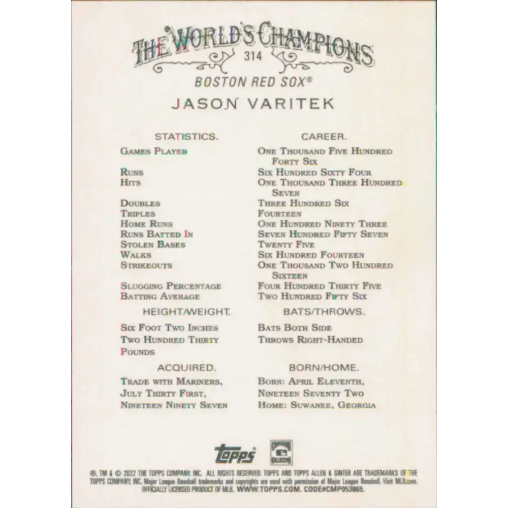 2022 Topps Allen and Ginter #314 Jason Varitek NM-MT Boston Red Sox Baseball Card - Baseball Card Single