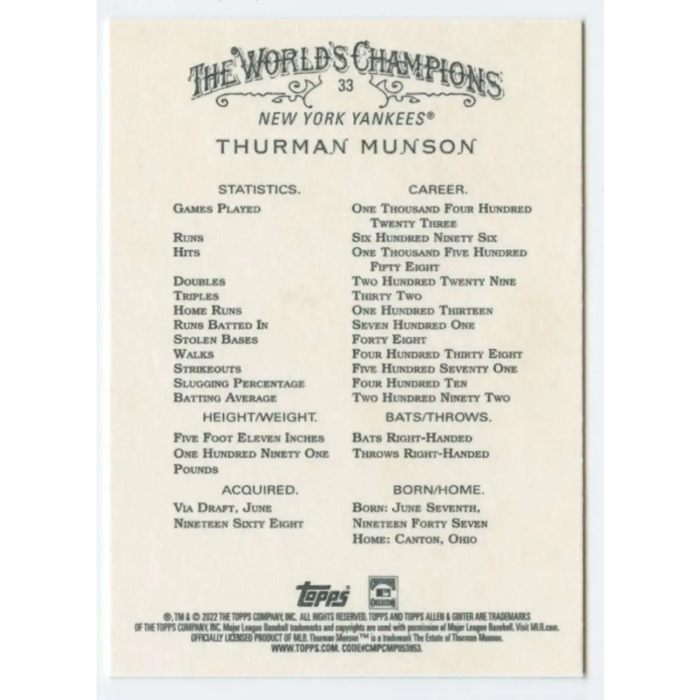 2022 Topps Allen and Ginter #33 Thurman Munson NM-MT New York Yankees Baseball Card Image 2