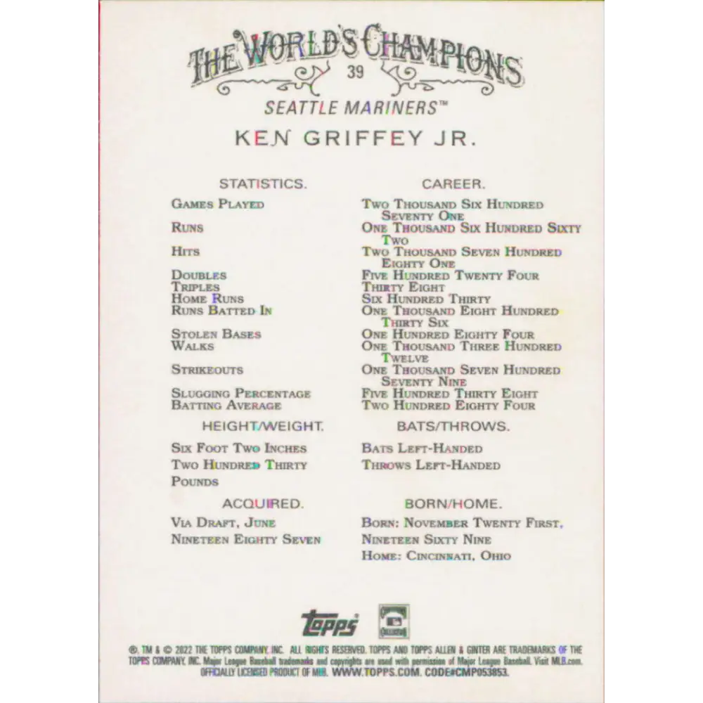 2022 Topps Allen and Ginter #39 Ken Griffey Jr. NM-MT Seattle Mariners Baseball Card Image 2