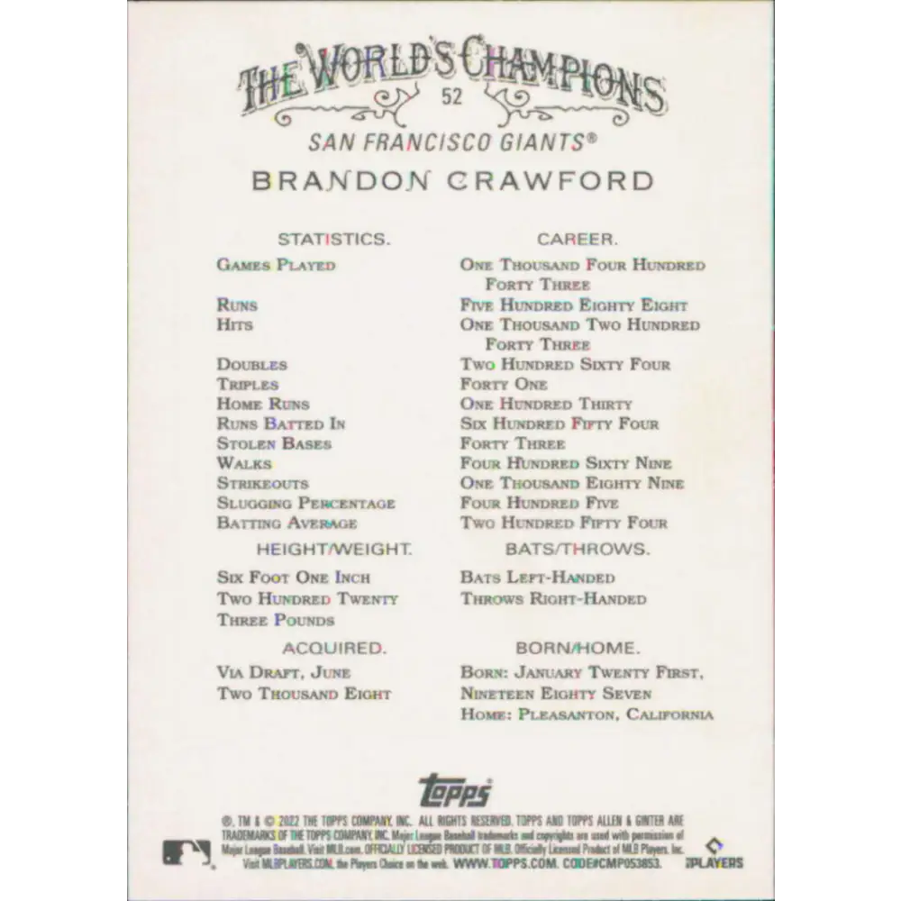 2022 Topps Allen and Ginter #52 Brandon Crawford NM-MT San Francisco Giants Baseball Card Image 2