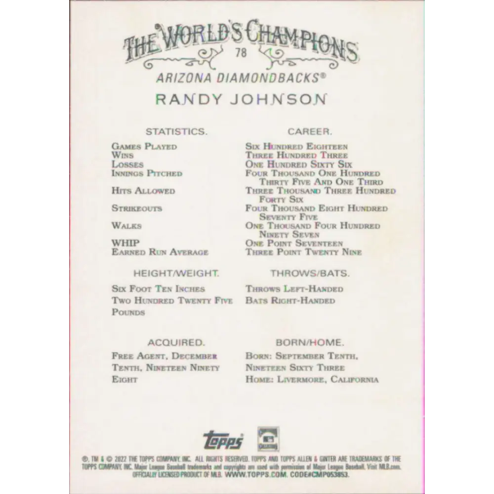 2022 Topps Allen and Ginter #78 Randy Johnson NM-MT Arizona Diamondbacks Baseball Card Image 2