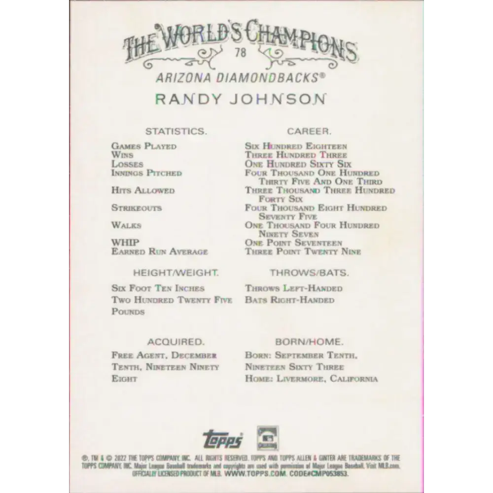 2022 Topps Allen and Ginter #78 Randy Johnson NM-MT Arizona Diamondbacks Baseball Card - Baseball Card Single