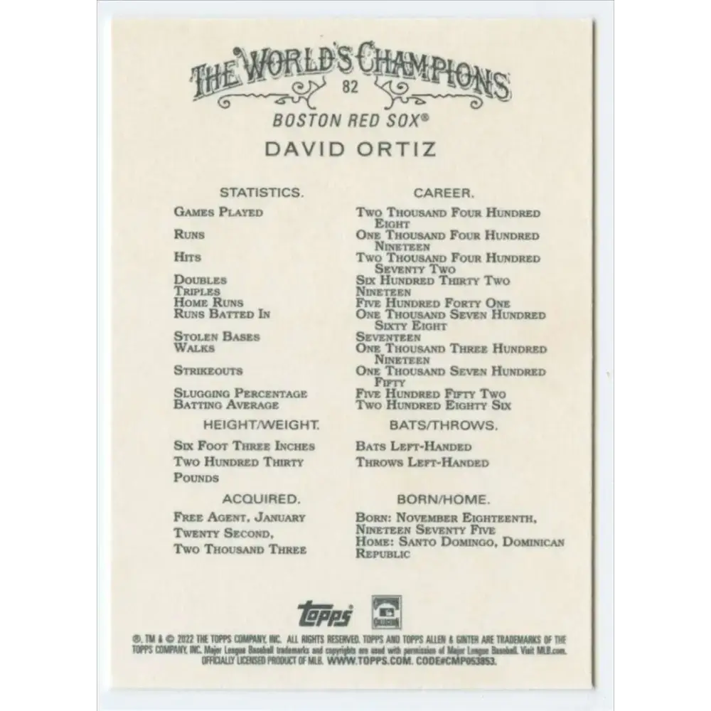 2022 Topps Allen and Ginter #82 David Ortiz NM-MT Boston Red Sox Baseball Card - Baseball Card Single