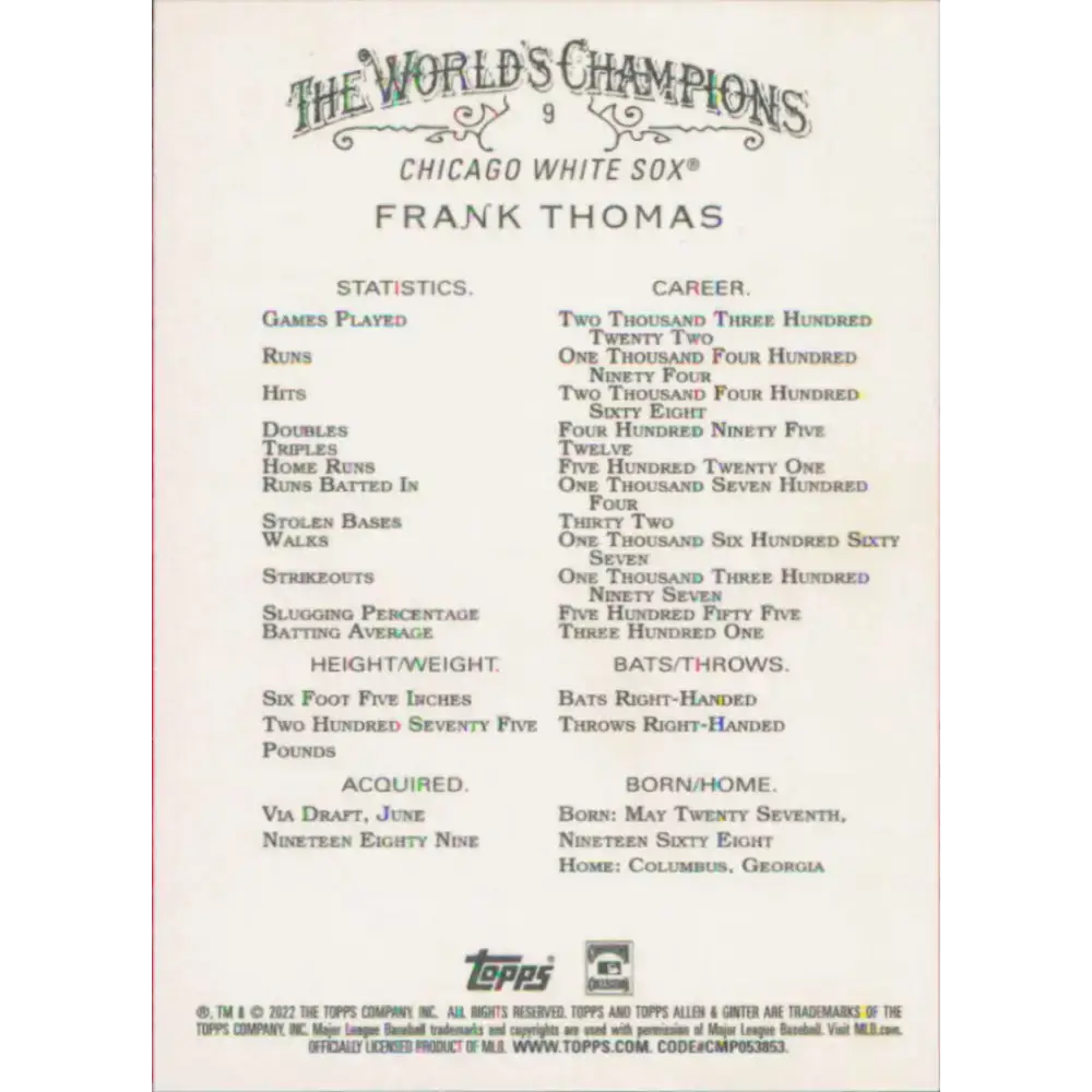 2022 Topps Allen and Ginter #9 Frank Thomas NM-MT Chicago White Sox Baseball Card - Baseball Card Single