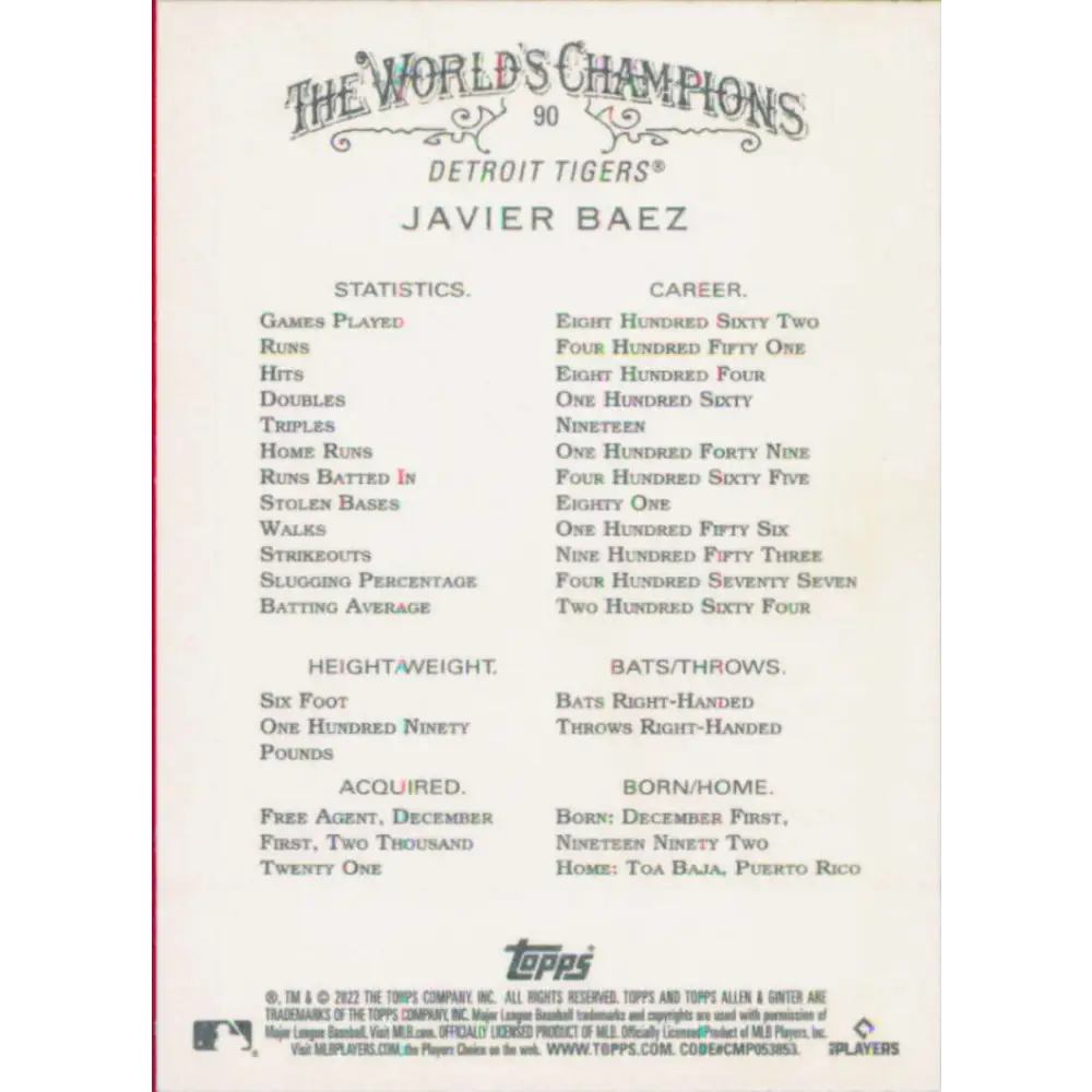 2022 Topps Allen and Ginter #90 Javier Baez NM-MT Detroit Tigers Baseball Card Image 2