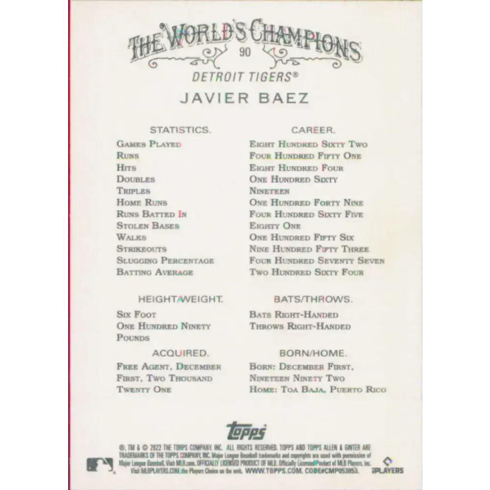 2022 Topps Allen and Ginter #90 Javier Baez NM-MT Detroit Tigers Baseball Card - Baseball Card Single