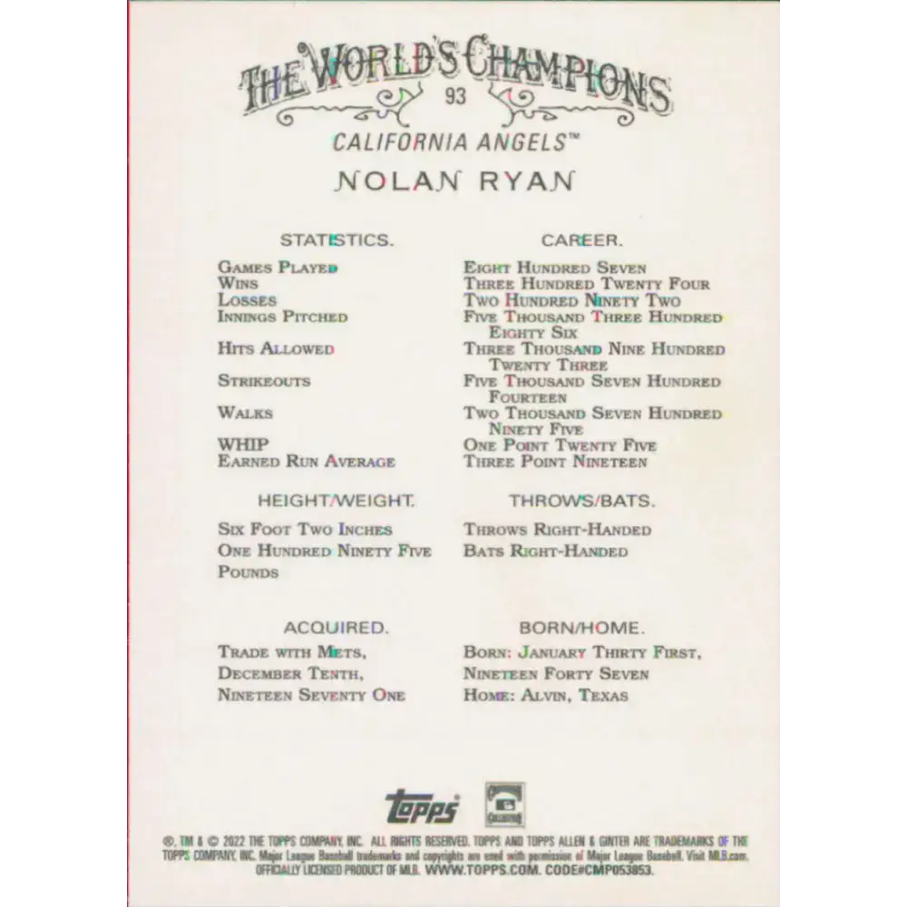 2022 Topps Allen and Ginter #93 Nolan Ryan NM-MT California Angels Baseball Card - Baseball Card Single