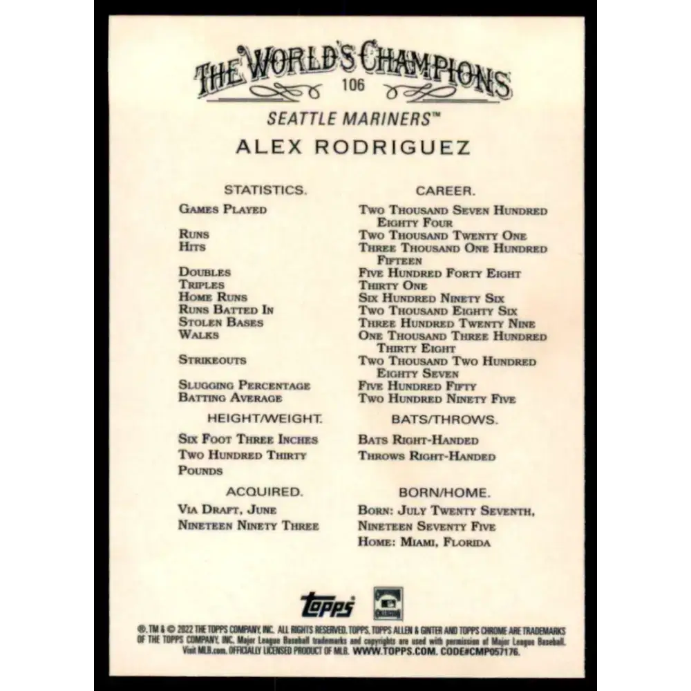 2022 Topps Allen and Ginter Chrome #106 Alex Rodriguez NM-MT Seattle Mariners Baseball Card - Baseball Card Single