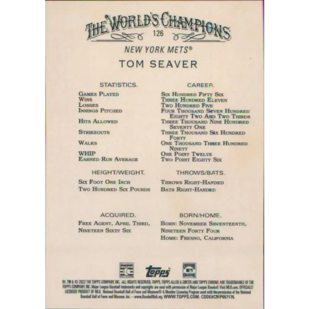 2022 Topps Allen and Ginter Chrome #126 Tom Seaver NM-MT New York Mets Baseball Card - Baseball Card Single