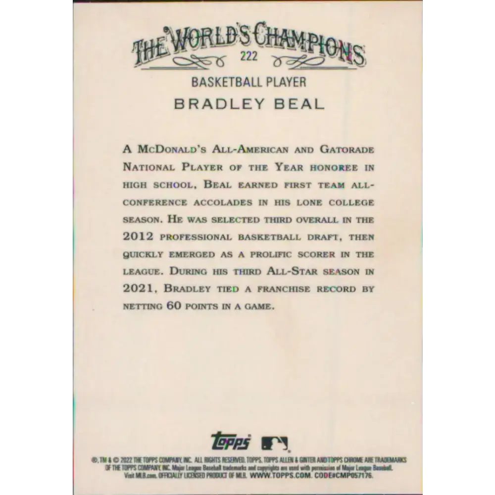 2022 Topps Allen and Ginter Chrome #222 Bradley Beal NM-MT Baseball Card - Baseball Card Single