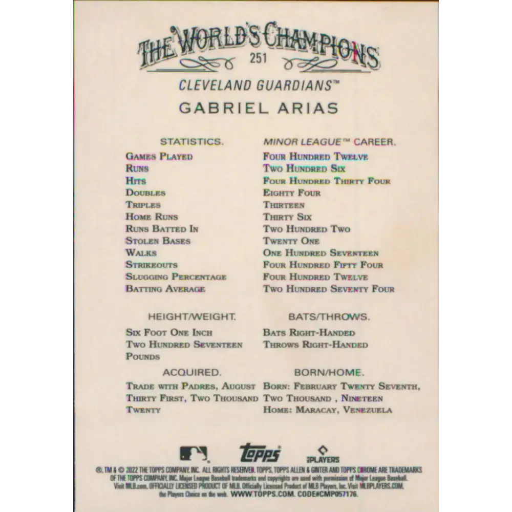 2022 Topps Allen and Ginter Chrome #251 Gabriel Arias NM-MT RC Rookie Cleveland Guardians Baseball Card - Baseball Card