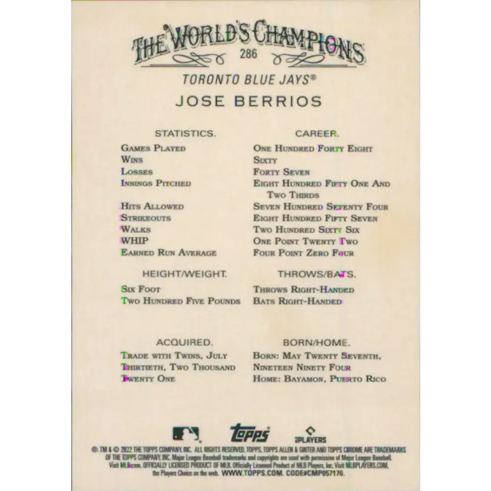 2022 Topps Allen and Ginter Chrome #286 Jose Berrios NM-MT Toronto Blue Jays Baseball Card - Baseball Card Single