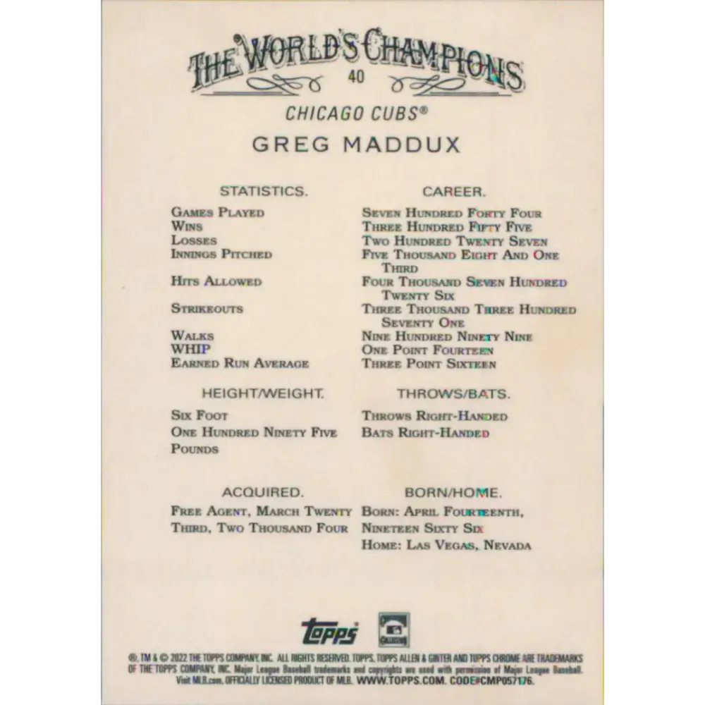 2022 Topps Allen and Ginter Chrome #40 Greg Maddux NM-MT Chicago Cubs Baseball Card - Baseball Card Single