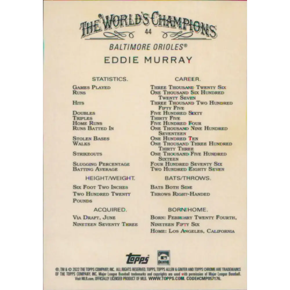 2022 Topps Allen and Ginter Chrome #44 Eddie Murray NM-MT Baltimore Orioles Baseball Card - Baseball Card Single
