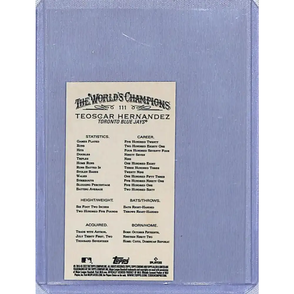 2022 Topps Allen and Ginter Chrome Mini Refractor #111 Teoscar Hernandez NM-MT Toronto Blue Jays Baseball Card