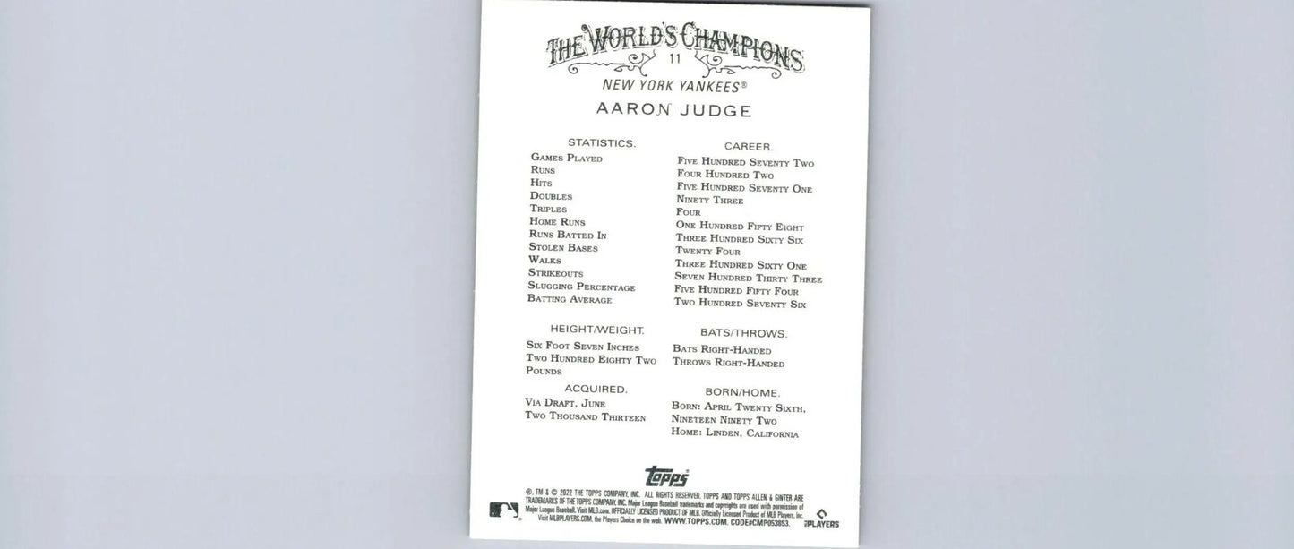 Aaron Judge baseball card from 2022 Topps Allen & Ginter trading cards collection