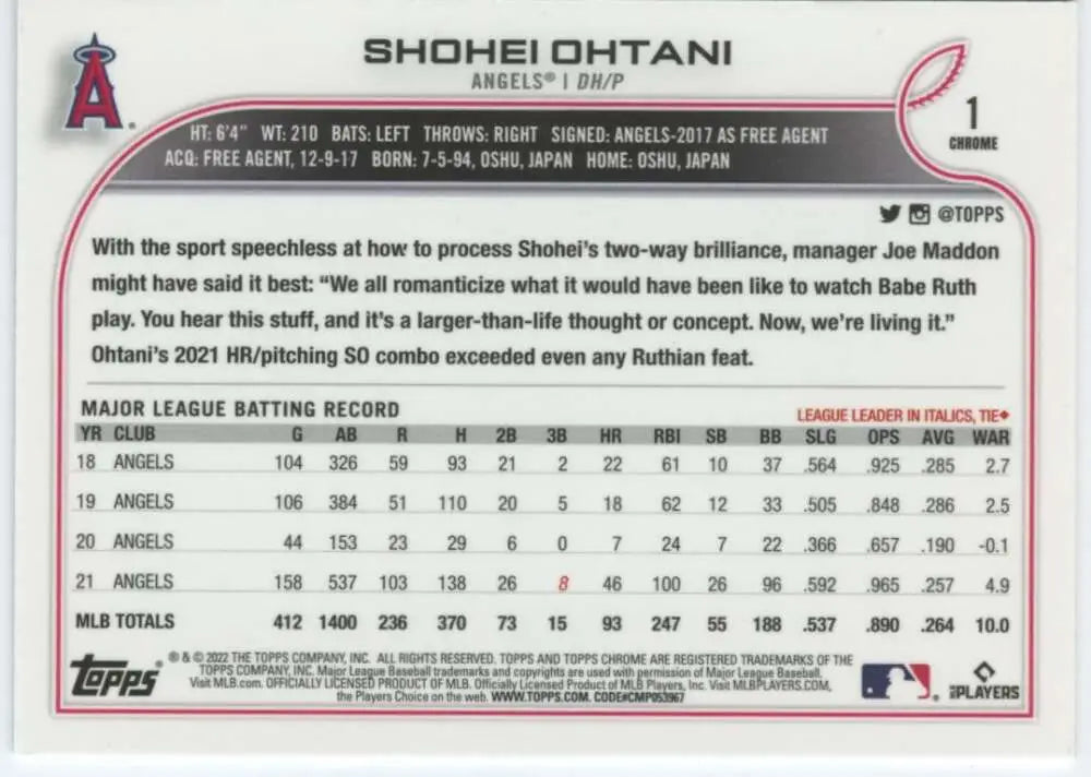2022 Topps Chrome #1 Shohei Ohtani NM-MT Los Angeles Angels Baseball Card