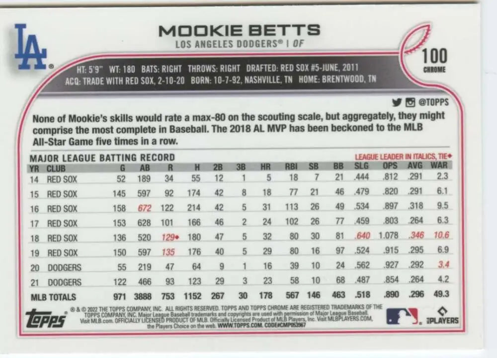 2022 Topps Chrome #100 Mookie Betts NM-MT Los Angeles Dodgers Baseball Card - Baseball Card Single