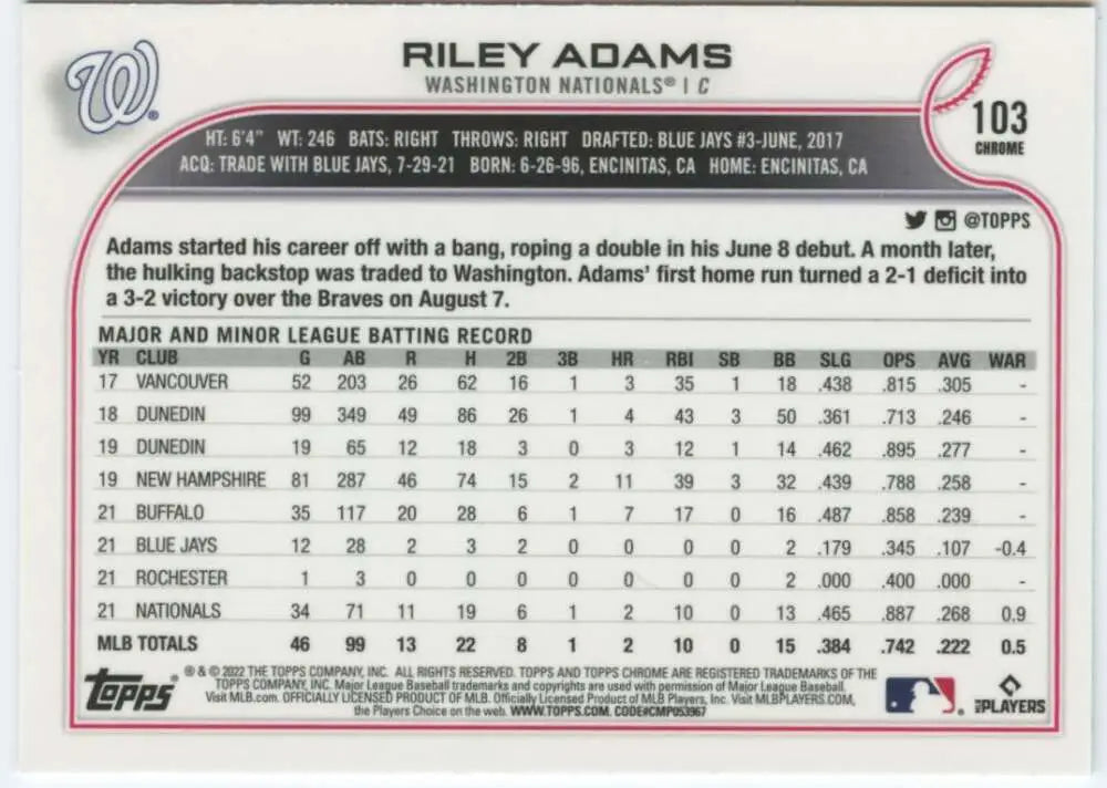 2022 Topps Chrome #103 Riley Adams NM-MT RC Rookie Washington Nationals Baseball Card - Baseball Card Single