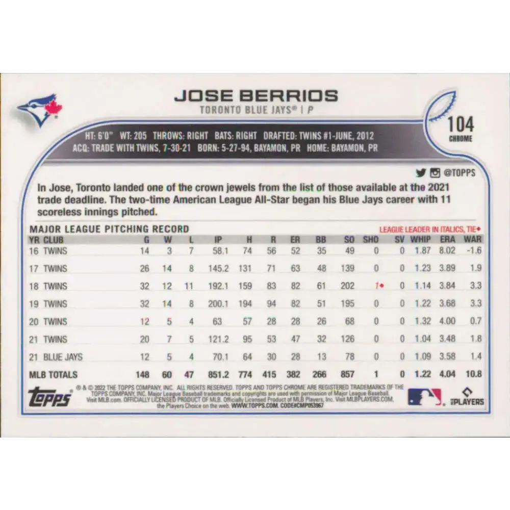2022 Topps Chrome #104 Jose Berrios NM-MT Toronto Blue Jays Baseball Card - Baseball Card Single