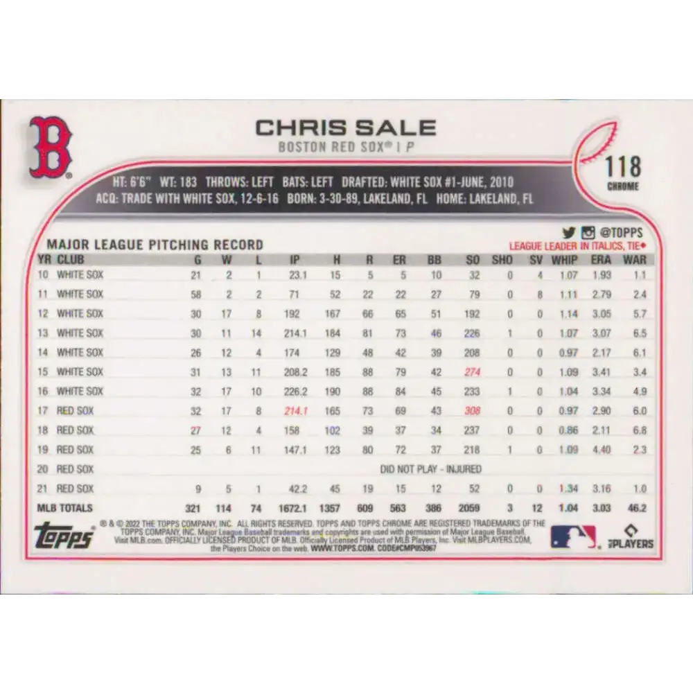 2022 Topps Chrome #118 Chris Sale NM-MT Boston Red Sox Baseball Card - Baseball Card Single