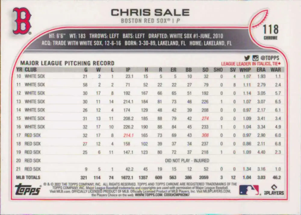 2022 Topps Chrome #118 Chris Sale NM-MT Boston Red Sox Baseball Card - Baseball Card Single