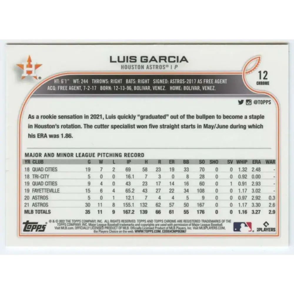 2022 Topps Chrome #12 Luis Garcia NM-MT Houston Astros Baseball Card - Baseball Card Single