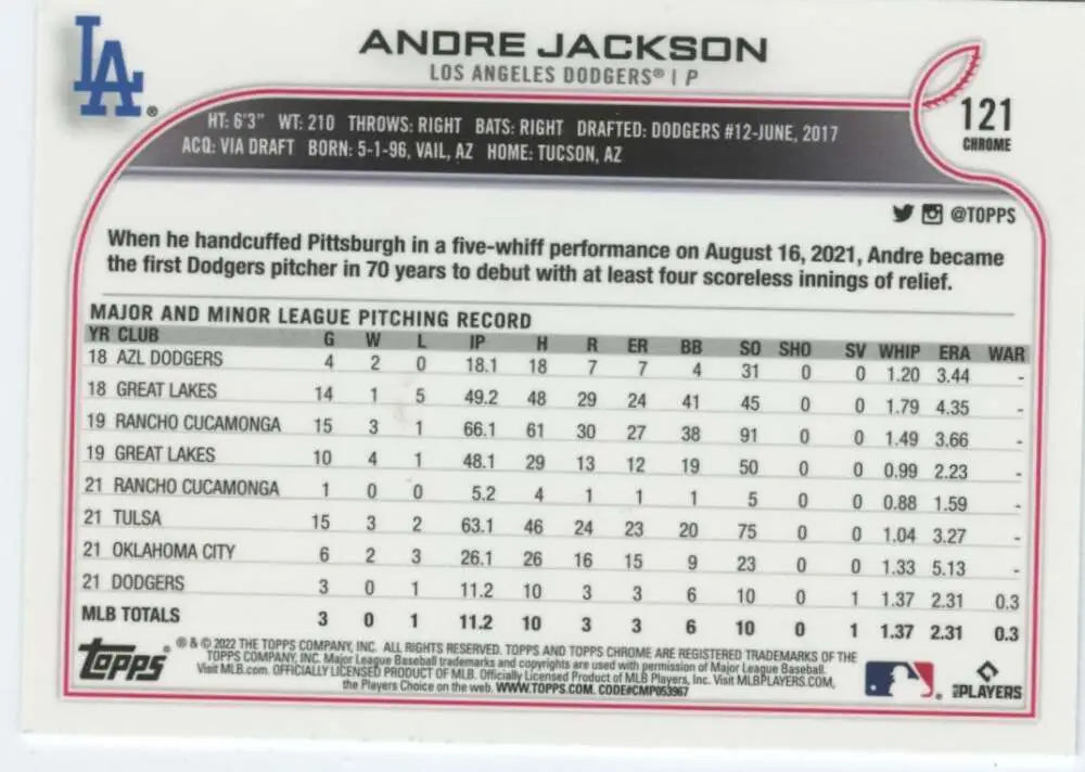2022 Topps Chrome #121 Andre Jackson NM-MT RC Rookie Los Angeles Dodgers Baseball Card - Baseball Card Single