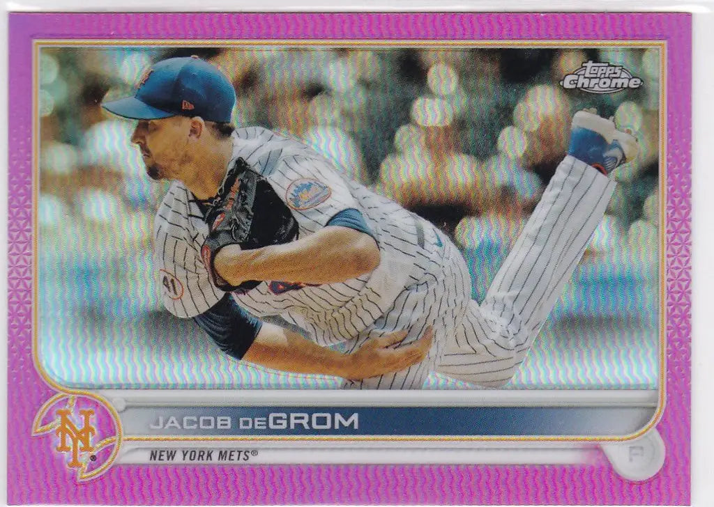 Baseball card of Jacob Degrom mid-throw in 2022 Topps Chrome Pink New York Mets design