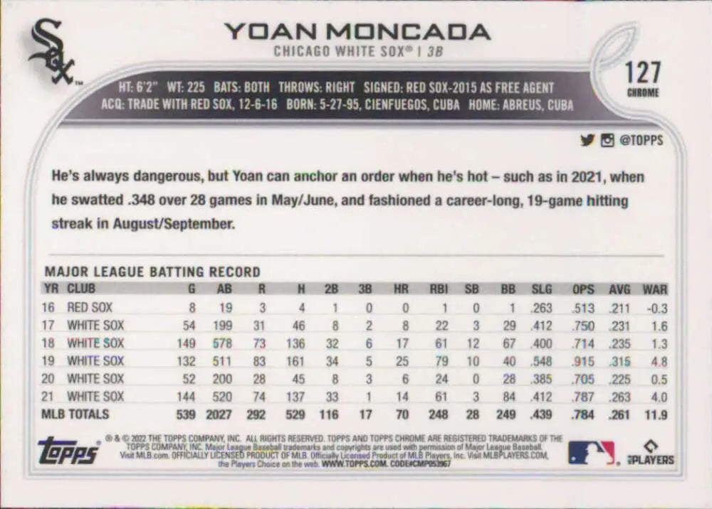 2022 Topps Chrome #127 Yoan Moncada NM-MT Chicago White Sox Baseball Card