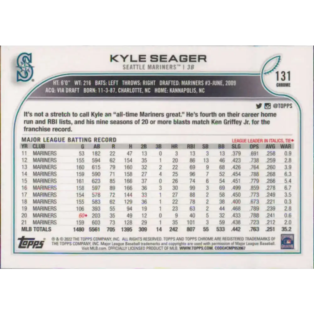 2022 Topps Chrome #131 Kyle Seager NM-MT Seattle Mariners Baseball Card - Baseball Card Single