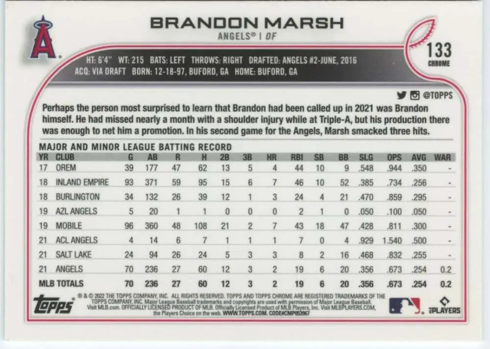 2022 Topps Chrome #133 Brandon Marsh NM-MT RC Rookie Los Angeles Angels Baseball Card - Baseball Card Single