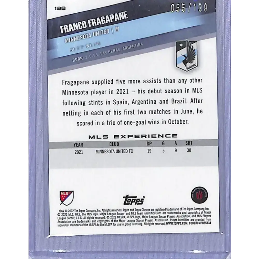 2022 Topps Chrome #138 Franco Fragapane NM-MT 055/199 Minnesota United - Soccer Card Single