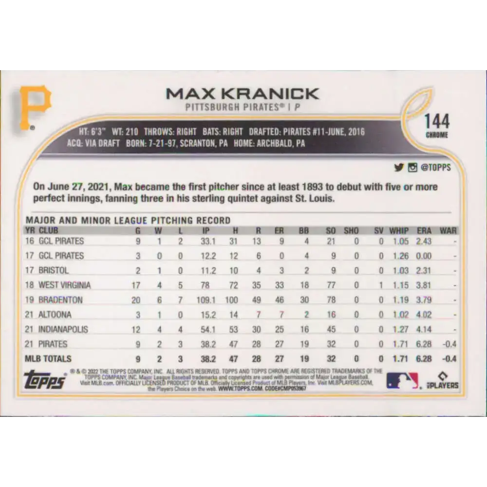 2022 Topps Chrome #144 Max Kranick NM-MT RC Rookie Pittsburgh Pirates Baseball Card - Baseball Card Single