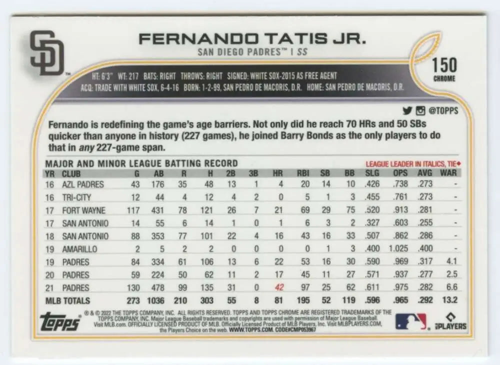 2022 Topps Chrome #150 Fernando Tatis Jr. NM-MT San Diego Padres Baseball Card - Baseball Card Single