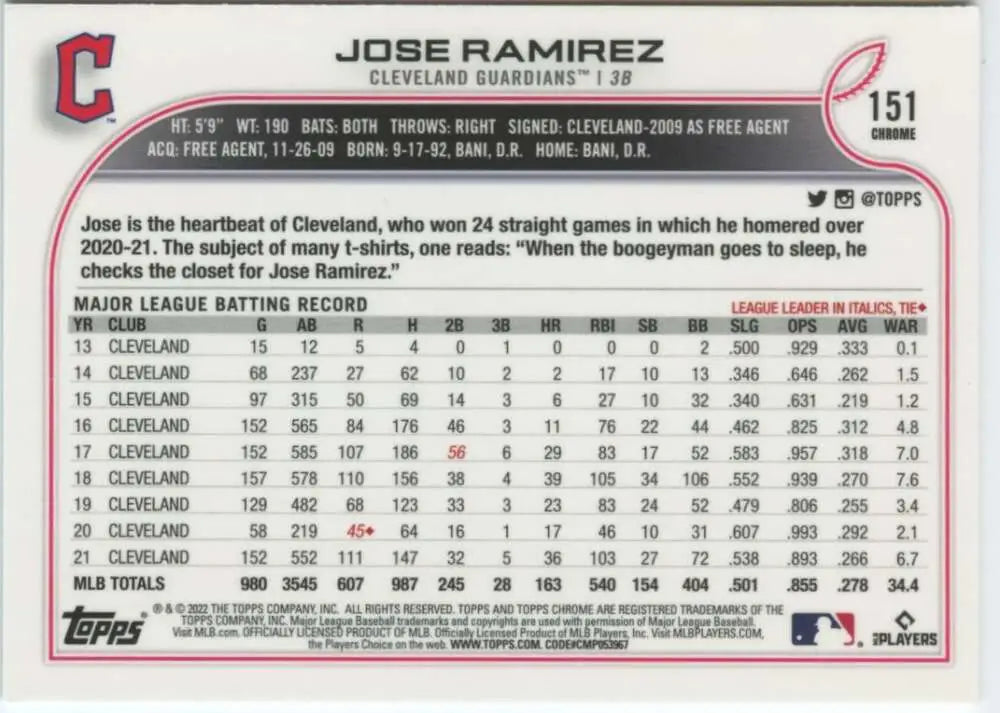 2022 Topps Chrome #151 Jose Ramirez NM-MT Cleveland Guardians Baseball Card - Baseball Card Single