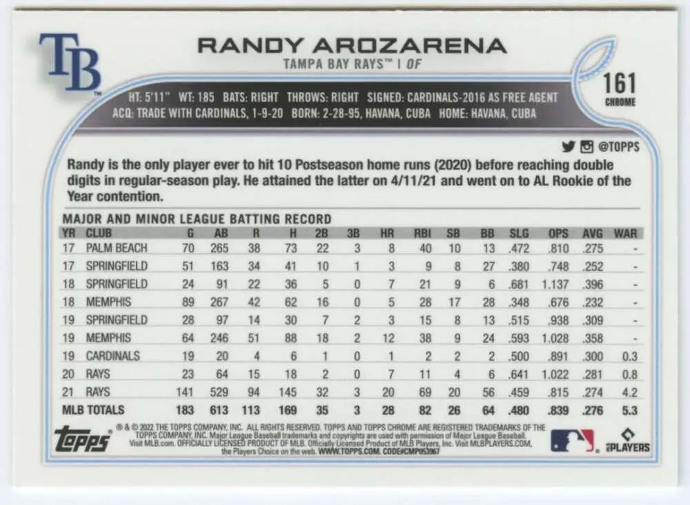 2022 Topps Chrome #161 Randy Arozarena NM-MT Tampa Bay Rays Baseball Card - Baseball Card Single