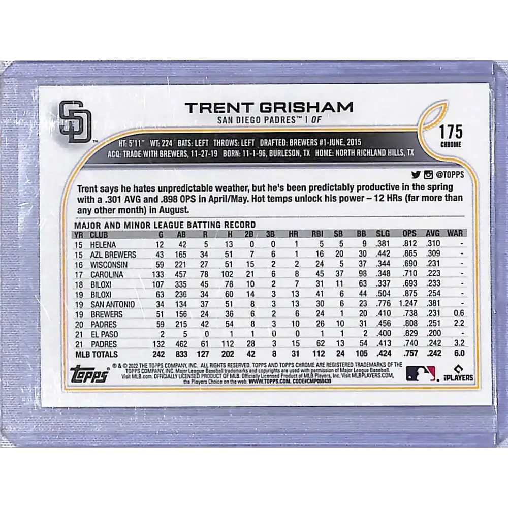 2022 Topps Chrome #175 Trent Grisham NM-MT San Diego Padres - Baseball Card Single