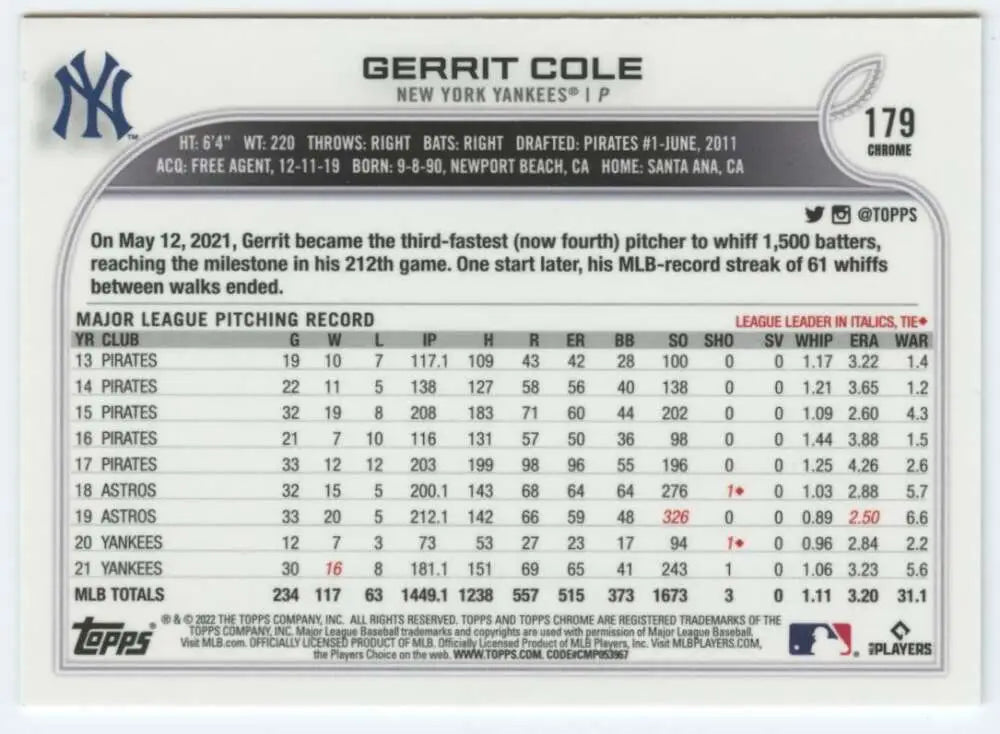 2022 Topps Chrome #179 Gerrit Cole NM-MT New York Yankees Baseball Card - Baseball Card Single