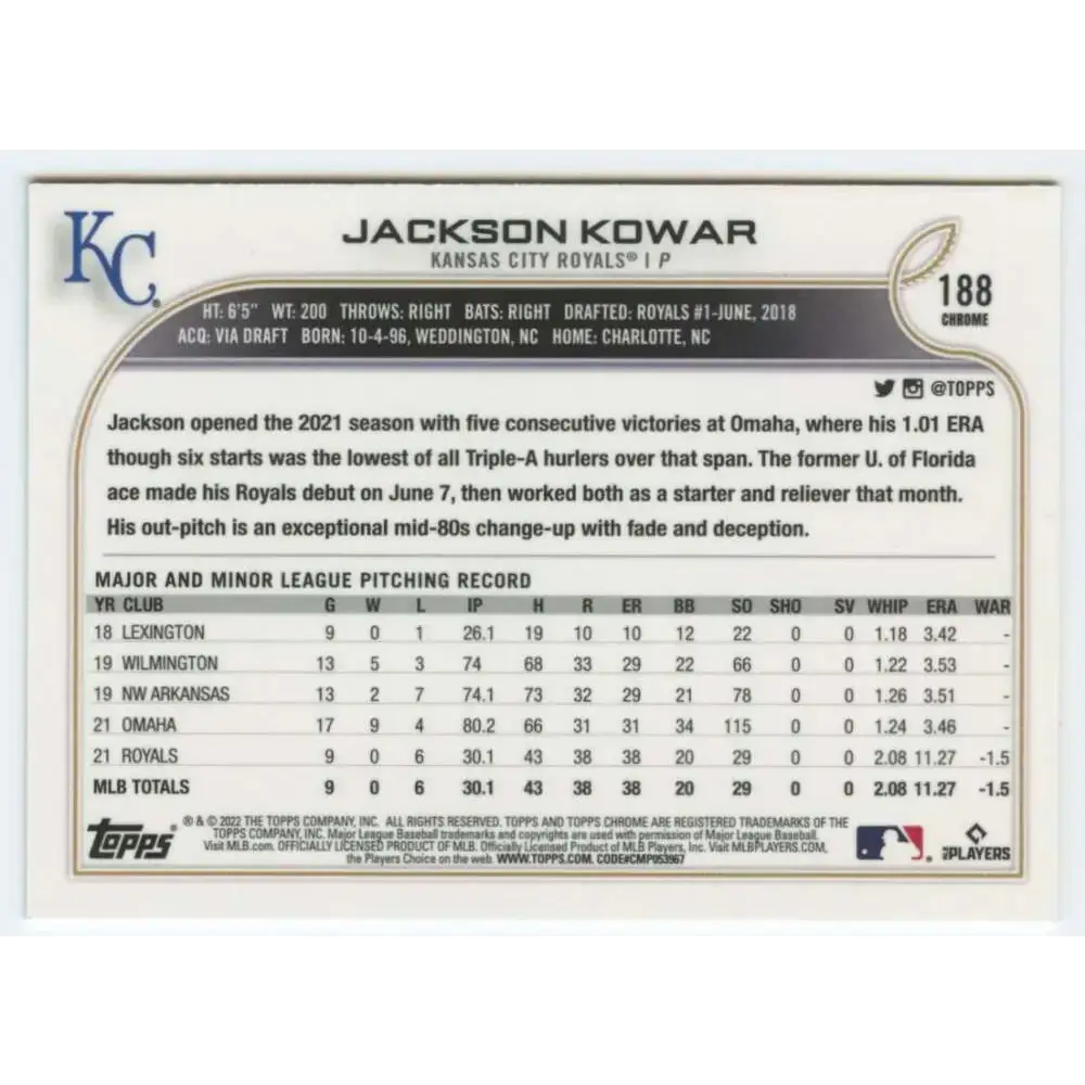 2022 Topps Chrome #188 Jackson Kowar NM-MT RC Rookie Kansas City Royals Baseball Card - Baseball Card Single