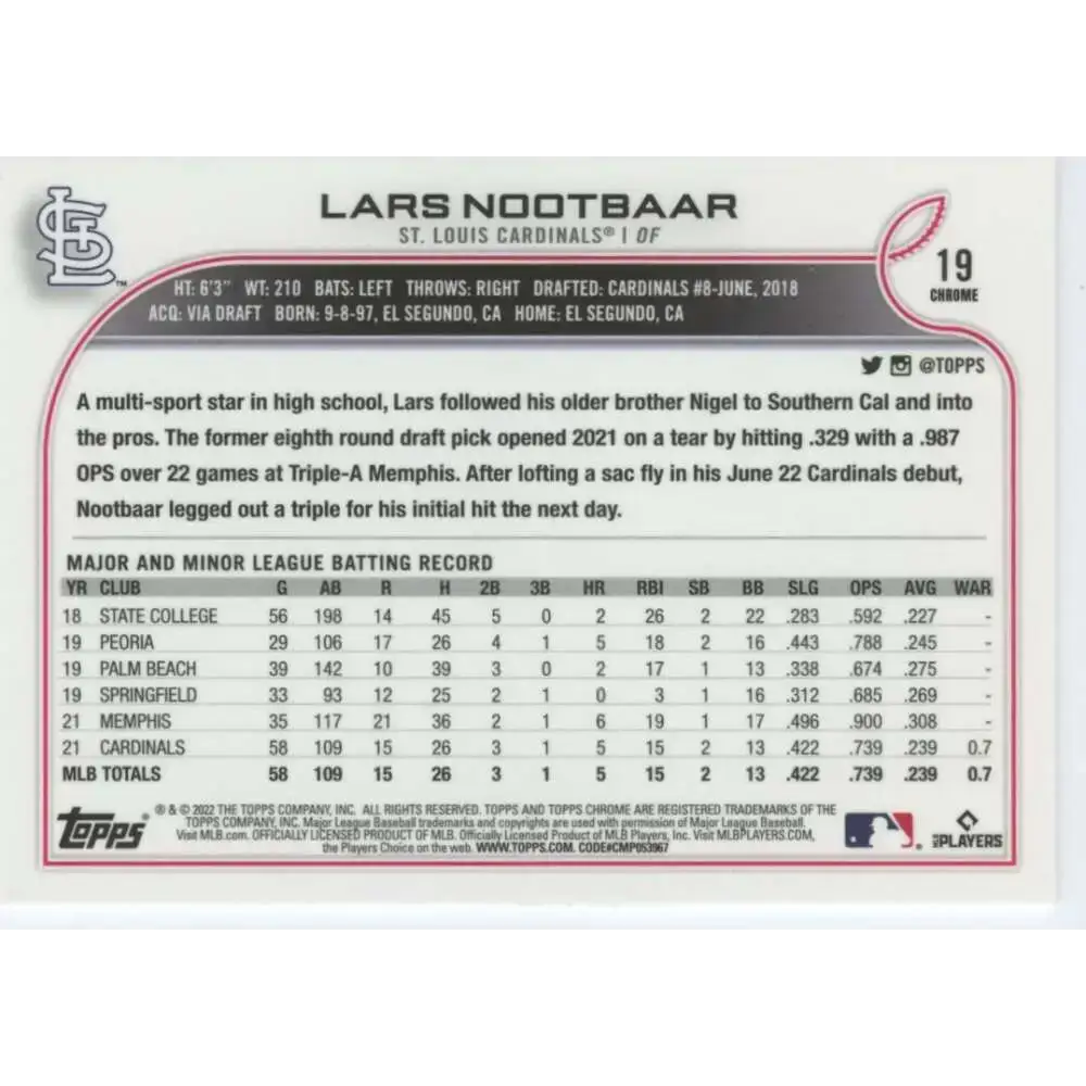 2022 Topps Chrome #19 Lars Nootbaar NM-MT RC Rookie St. Louis Cardinals Baseball Card - Baseball Card Single