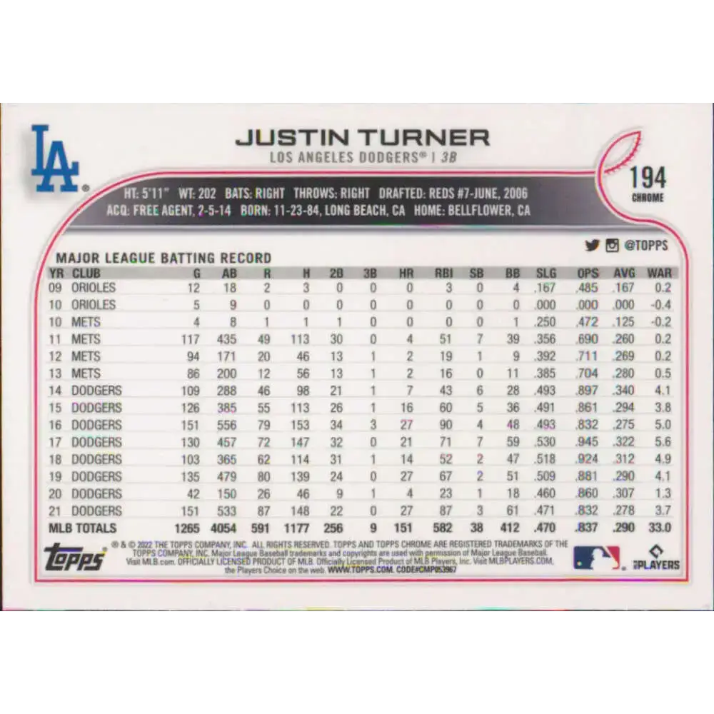 2022 Topps Chrome #194 Justin Turner NM-MT Los Angeles Dodgers Baseball Card - Baseball Card Single