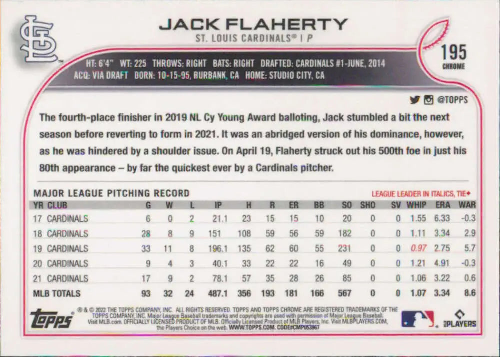 2022 Topps Chrome #195 Jack Flaherty NM-MT St. Louis Cardinals Baseball Card - Baseball Card Single