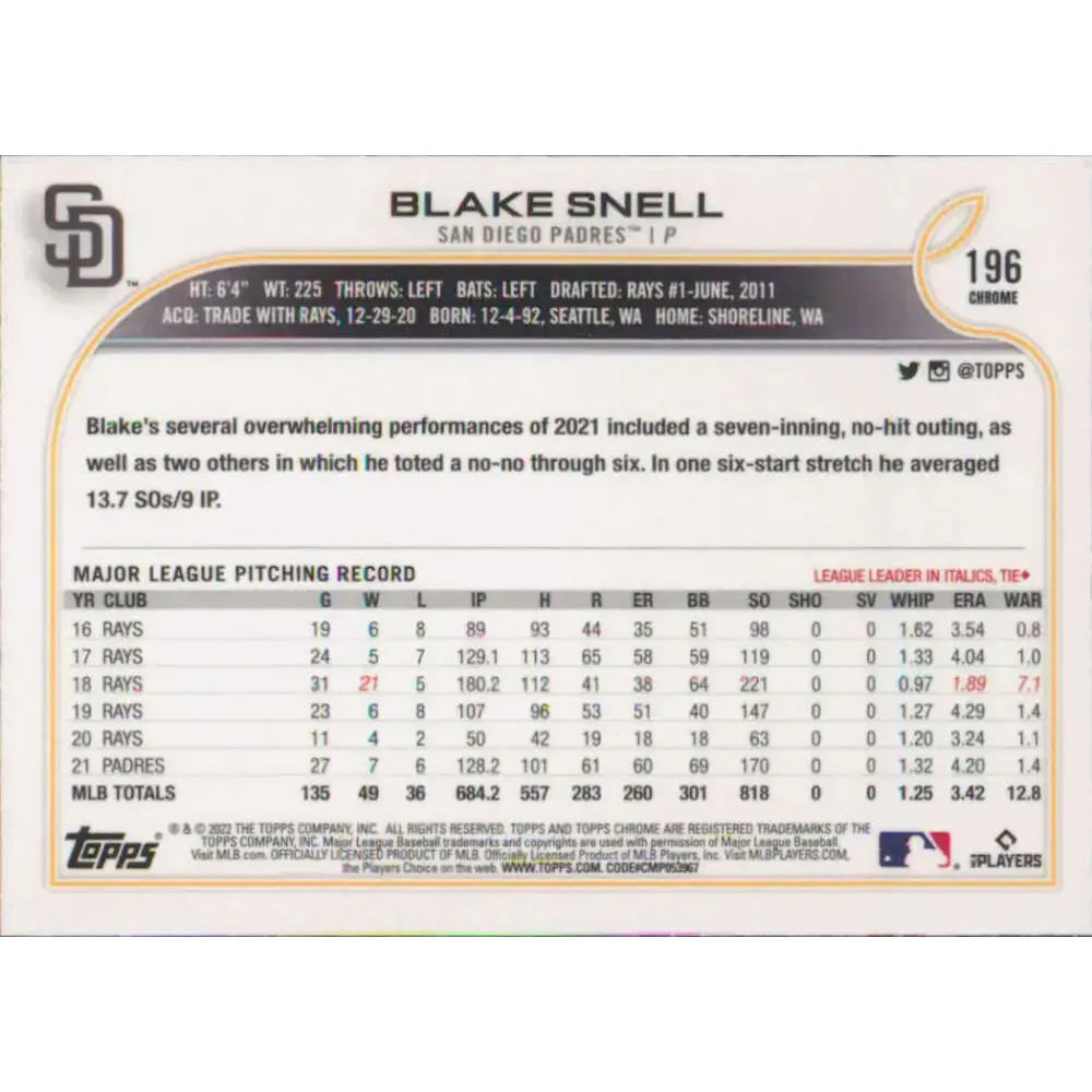 2022 Topps Chrome #196 Blake Snell NM-MT San Diego Padres Baseball Card - Baseball Card Single
