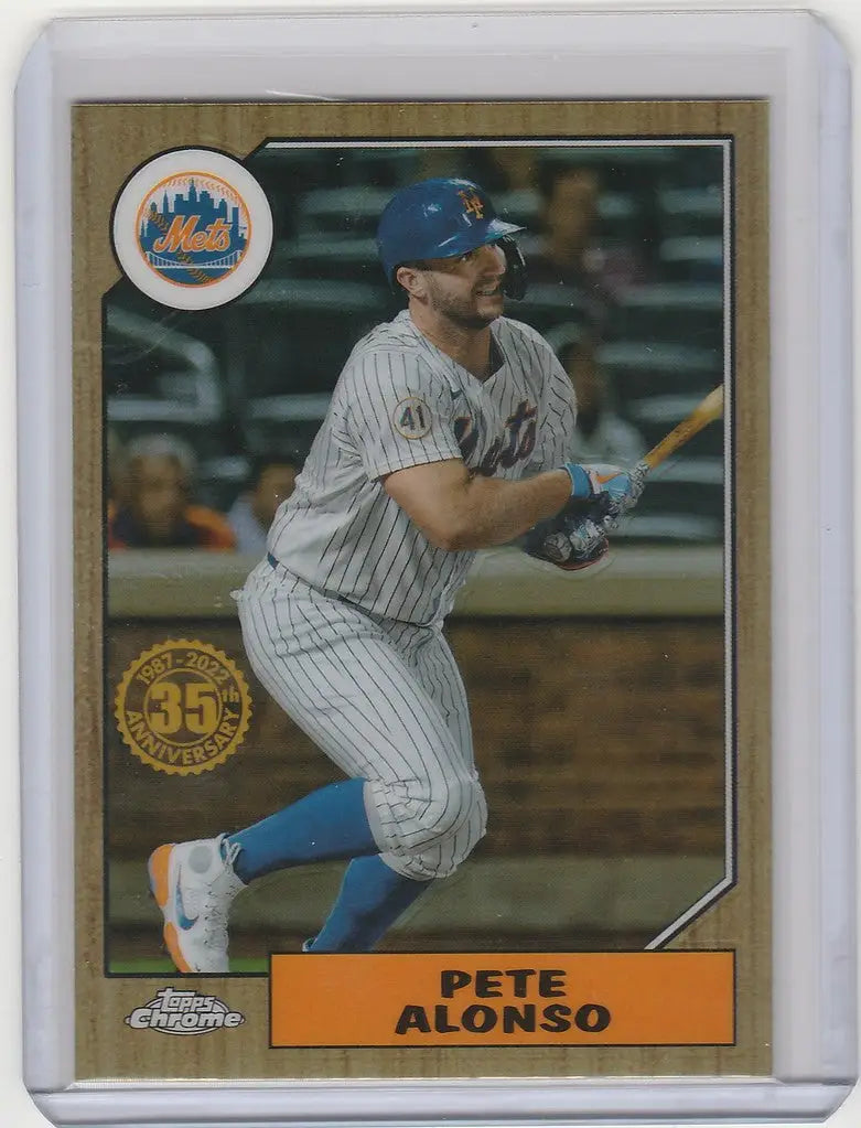 Pete Alonso at bat on a Topps Chrome Baseball card for the New York Mets
