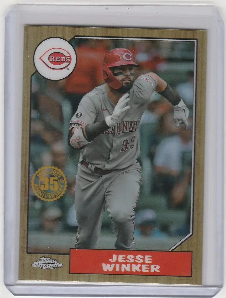 Baseball card of Jesse Winker in batting stance, Topps Chrome, Cincinnati Reds