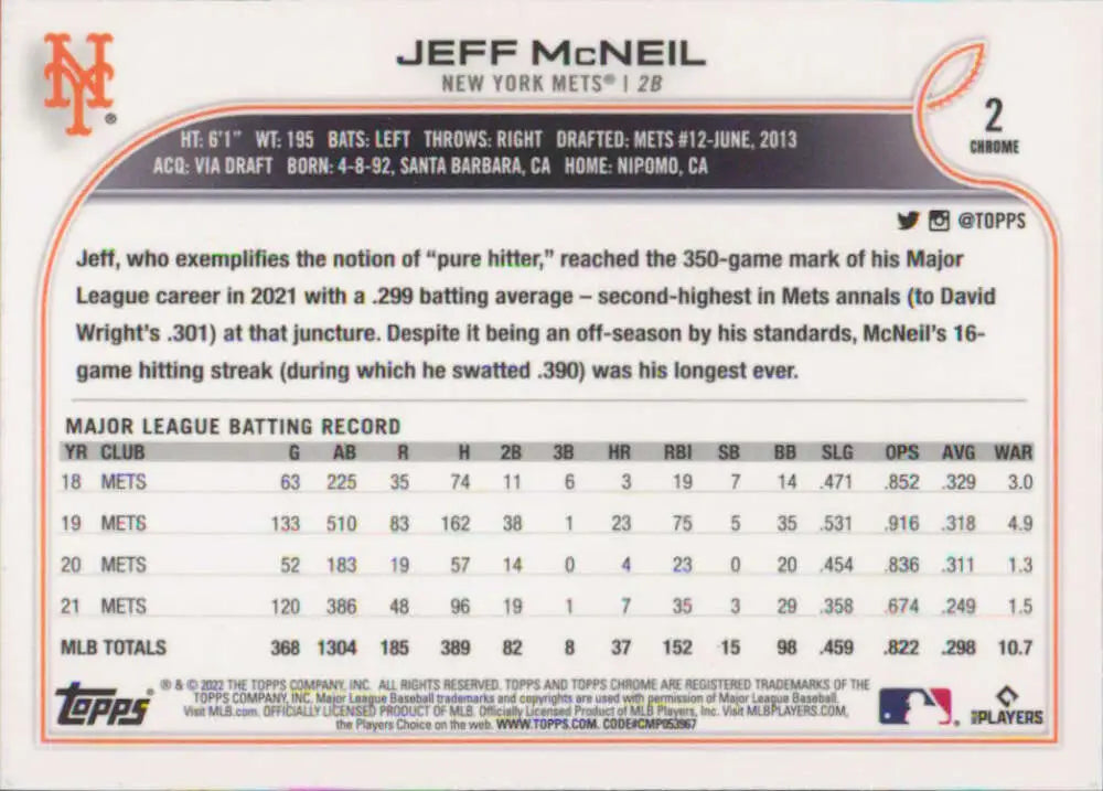 2022 Topps Chrome #2 Jeff McNeil NM-MT New York Mets Baseball Card - Baseball Card Single