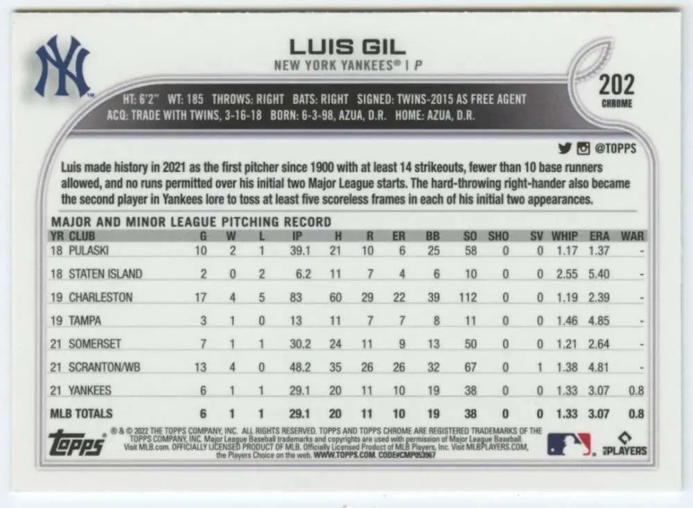 2022 Topps Chrome #202 Luis Gil NM-MT RC Rookie New York Yankees Baseball Card - Baseball Card Single