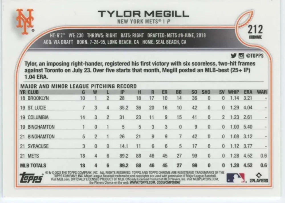 2022 Topps Chrome #212 Tylor Megill NM-MT RC Rookie New York Mets Baseball Card - Baseball Card Single